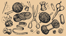 Knitting Concept Set Items. Clew And Knitting Needles, Wool Yarn, Tailor Scissors, Needle, Thread. Vintage Sketch Vector