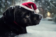 Black Labrador Dog In A Santa Hat At Christmas