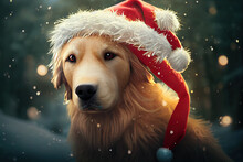 Golden Retriever/Labrador Dog In A Santa Hat At Christmas