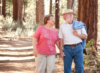 Wall Mural - Loving Senior Couple Hold Hands Walking Together In a Forest