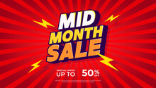 Mid Month Sale Banner Template Design. Big Sale Event On Red Background. Social Media, Shopping Online. Vector