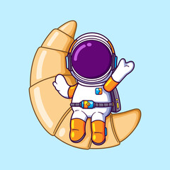 Wall Mural - The astronaut is sitting on a big croissant and waving hand to greet someone