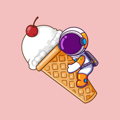 Wall Mural - The astronaut is hugging a big ice cream with topping cherry on the top of it
