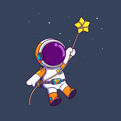 Wall Mural - The astronaut is flying in the galaxy with a rope in the small star in the sky
