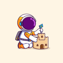 Wall Mural - The cute astronaut is making the castle sand with the flag on the top