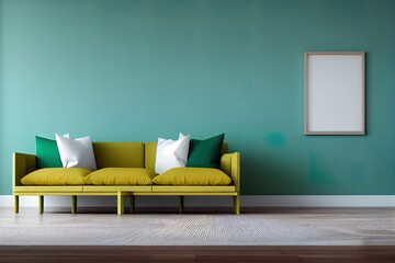 Mock up frame in home interior background, pastel green room with natural wooden furniture, 3d render