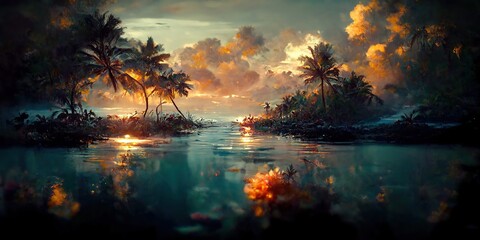 Tropical Island with beautiful landscape and deep sea reflections. Generative AI. 