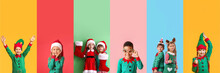 Set Of Cute Little Children In Christmas Costumes On Colorful Background