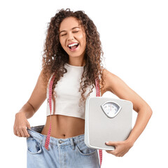 Wall Mural - Happy young African-American woman in loose clothes, with scales and measuring tape on white background. Diet concept