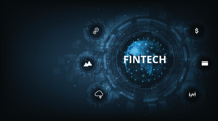 Aufkleber - Financial technology and Business world class.Icon Fintech and things on dark blue technology background represents the connection Financial technology,banking and Business world class.