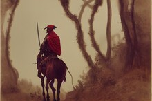 A Rider In The Forest On A Horse, He Is Dressed In A Mantle, A Sword In His Hand, The Horse's Eye Is Burning Red. High Quality Illustration