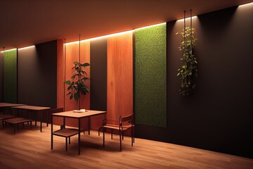 Poster - Black interior with wood wall panel and plants. 3d render illustration mock up.