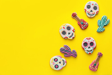 Tasty cookies on yellow background. El Dia de Muertos