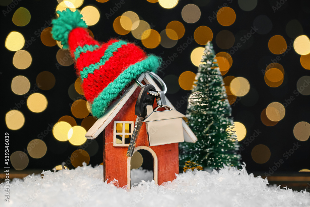 House figure with key, hat and Christmas tree on snow against blurred lights