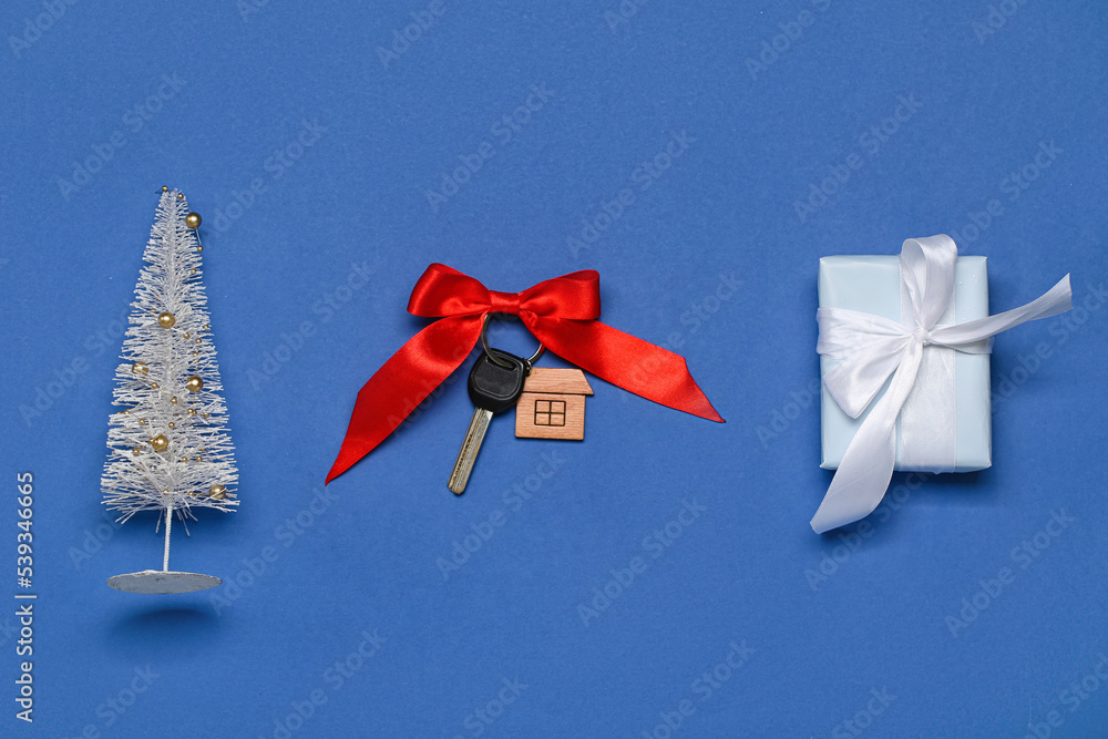 Key from new house, Christmas tree and fir tree on blue background