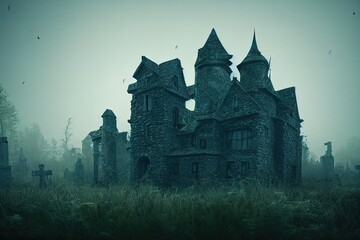 Sticker - Scary small castle in the horror forest and old graveyard. 3D render illustration.. High quality Illustration