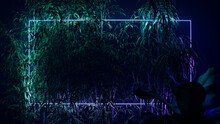 Cyber Background Design. Tropical Plants With Green And Purple, Rectangle Shaped Neon Frame.