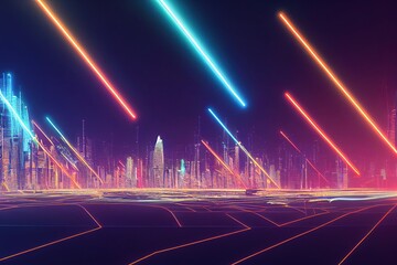 Sticker - Panorama view of Metaverse, Futuristic city neon light with power energy tron light background. Digital technology Concept Background. Cityscape Futuristic 3D render.