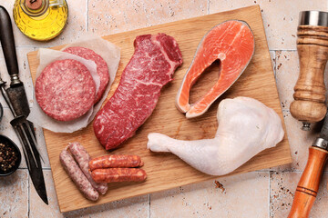 Wall Mural - Various raw meat and fish. Steaks, sausages, salmon, chicken and spices