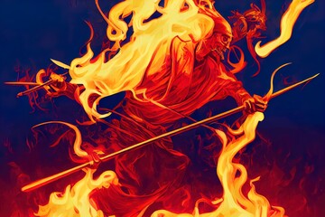 man with a bow fighting with a flaming skeleton, digital art style, illustration painting. High quality Illustration