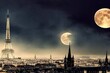 Paris at gothic night on Halloween, France. Fantasy panorama of creepy city and gargoyle of Notre Dame cathedral, dark haunted city with full moon and bats in dramatic sky. Scary scene and horror.