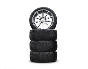 Four new good-looking snow tires isolated on white background. A set of studded winter car tires. A set of wheels and tires. tire service