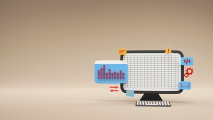 3D Web Development Or Online Coding From Desktop Against Glossy Light Brown Background.