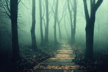 Sticker - Mysterious pathway. Footpath in the dark, foggy, autumnal, mysterious forest.. High quality Illustration