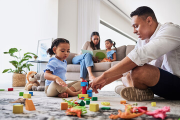 Family, learning and building toy by girl and father bond living room floor, playing, relax and creative puzzle fun. Education, child development and parent teaching child to build, shapes and color