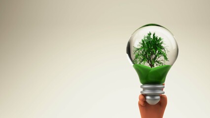 Sticker - 3D Human Hand Holding Eco Friendly Bulb And Copy Space On Beige Background.