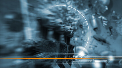 Wall Mural - 3d illustration - futuristic metallic science fiction humanoid cyborgs
