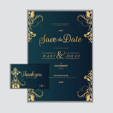 Floral wedding invitation card design with golden peonies on a dark blue background. Wedding Invitation, floral invite thank you, rsvp modern card Design in copper peony with navy blue and tropical