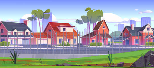 Wall Mural - Suburban street with houses and road behind metal fence. Summer landscape of city suburb with cottages with garages, trees, green grass and town skyscrapers on horizon, vector cartoon illustration