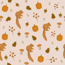 Animal Forest Autumn Seamless Pattern With Pumpkin And Chipmunk Illustration