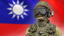Armed Forces Taiwan. Man In Military Uniform And Mask. Republic Of Taiwan Army Soldier. Military Man And Taiwan Flag. Soldier In Military Equipment. Infantryman In Helmet And Body Armor. Art Focus