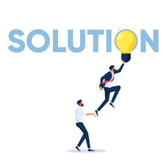 Wall Mural - Group of business professionals reach glowing light bulbs, Solution concept, Cooperation and teamwork, solutions and problem solving