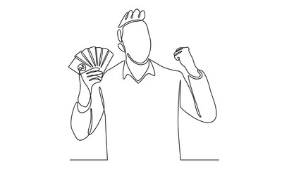 Continuous line of man holding money in his hand