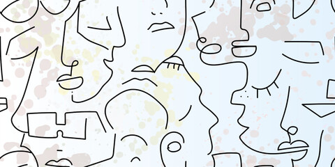 Wall Mural - One line drawing. Abstract face seamless pattern.