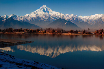 Wall Mural - Srinagar, Kashmir, India January 28, 2021 A view of Dal Lake in winter, and the beautiful mountain range in the background in the city of Srinagar, Kashmir, India.
