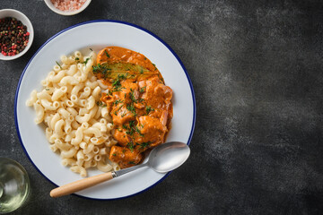 Wall Mural - Stew Meat, Hungarian Goulash soup with pasta. Top view