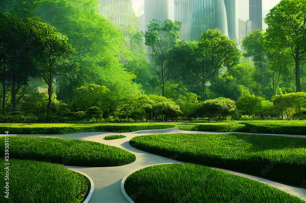 Spectacular eco futuristic cityscape ESG concept full with greenery ...