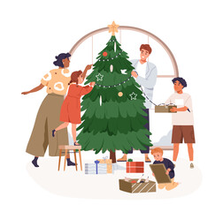 Family with kids decorating Xmas tree. Happy mother, father, children preparing festive decoration, Christmas fir for winter holiday at home. Flat vector illustration isolated on white background