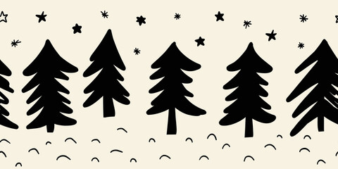Wall Mural - Seamless vector border doodle fir Christmas trees. Hand drawn repeating Christmas pattern horizontal. Vector festive ink texture for footer, header, divider, fabric trim. Black white modern Christmas.
