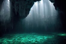 Deep Underwater Cave With Stalactites Landscape. Seascape Scenery With Clear Turquoise Water And Coral Reef. Scuba Diving Place Of Destination For Sea Ocean Exploration