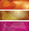 bright orange and yellow and crimson vector backgrounds with abstract music notes and geometric shapes - set of banners