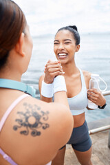 Sticker - Fitness, woman and handshake for friendship, exercise and workout in healthy lifestyle together in the outdoors. Happy active women celebrating physical training and team routine for sports training