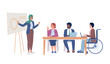© IMGvisualsCharacters - Work presentation semi flat color vector characters. Editable figures. Full body people on white. Inclusion in workplace simple cartoon style illustration for web graphic design and animation