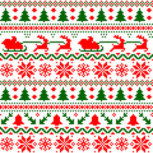 Christmas Sweater Seamless Pattern. Vector Background With Knitted Texture Of Ugly Jumper, Nordic Ornament Of Xmas Winter Holidays With Christmas Trees, Snowflakes, Deer, Santa, Reindeer And Sleigh