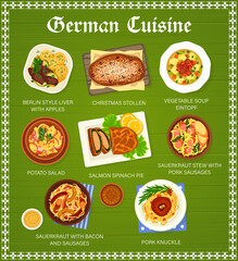 Sticker - German cuisine restaurant food menu page. Berlin style liver, Christmas Stollen and soup Eintopf, salmon spinach pie, potato salad and stew with pork sausages, sauerkraut with bacon, pork knuckle