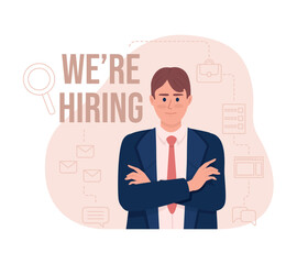 Sticker - We are hiring 2D vector isolated illustration. HR recruiter flat character on cartoon background. Employer colourful editable scene with text for mobile, website, presentation. Bebas Neue font used